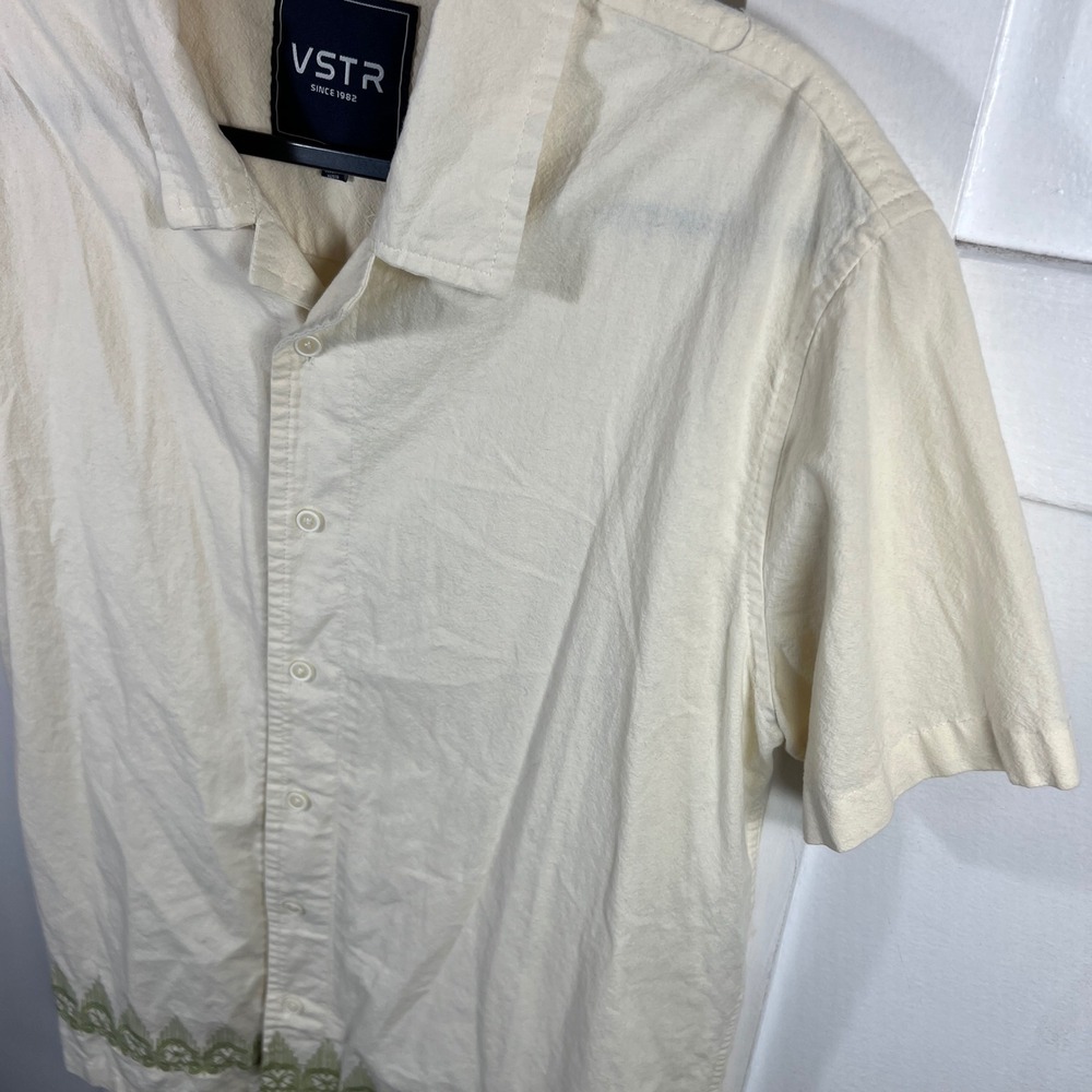 VSTR Mens Short Sleeve Button Down Shirt Cream Green Embroidered Hem Large